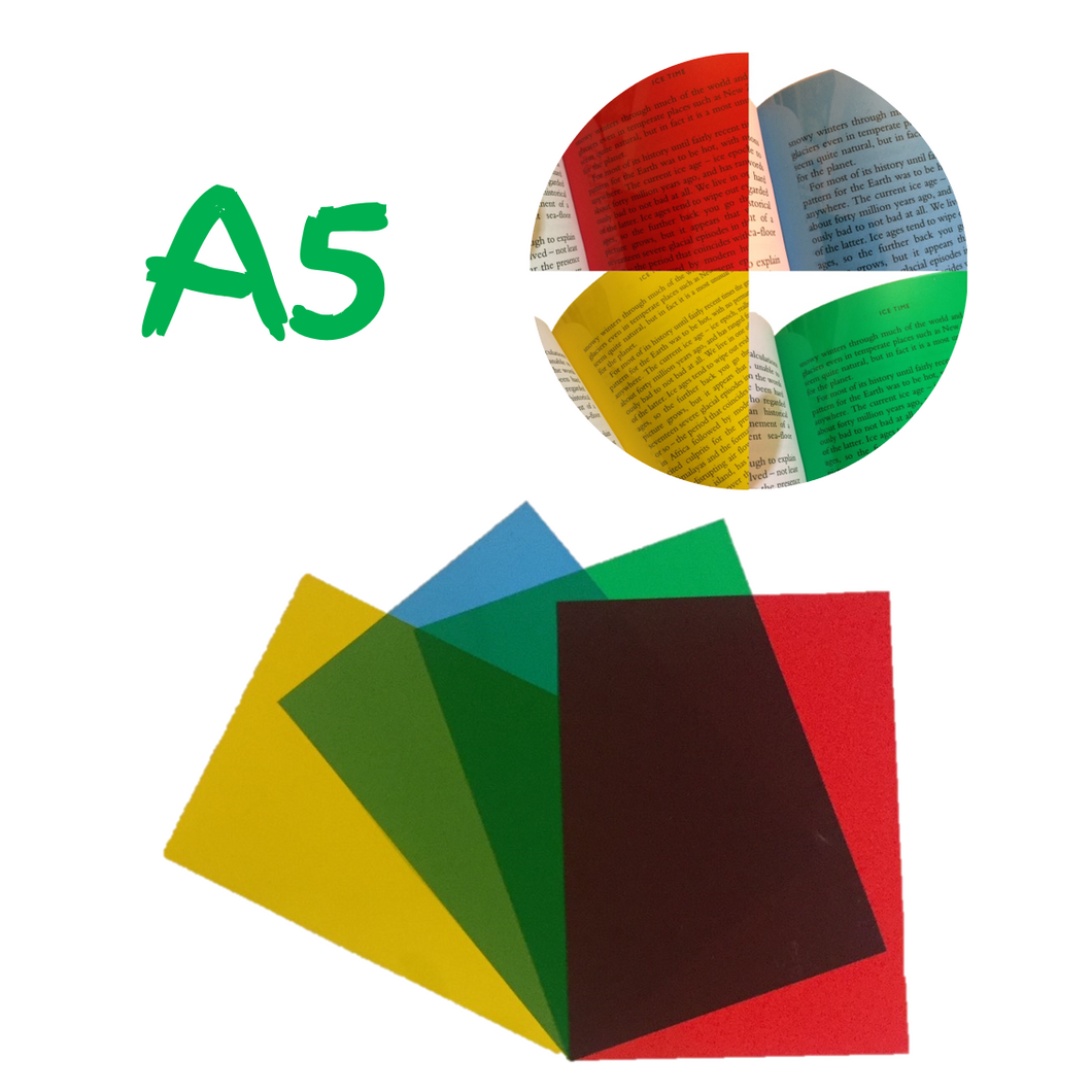 Dyslexia Overlays - A5 Assorted Pack - Blue, Yellow, Green & Red Sheet